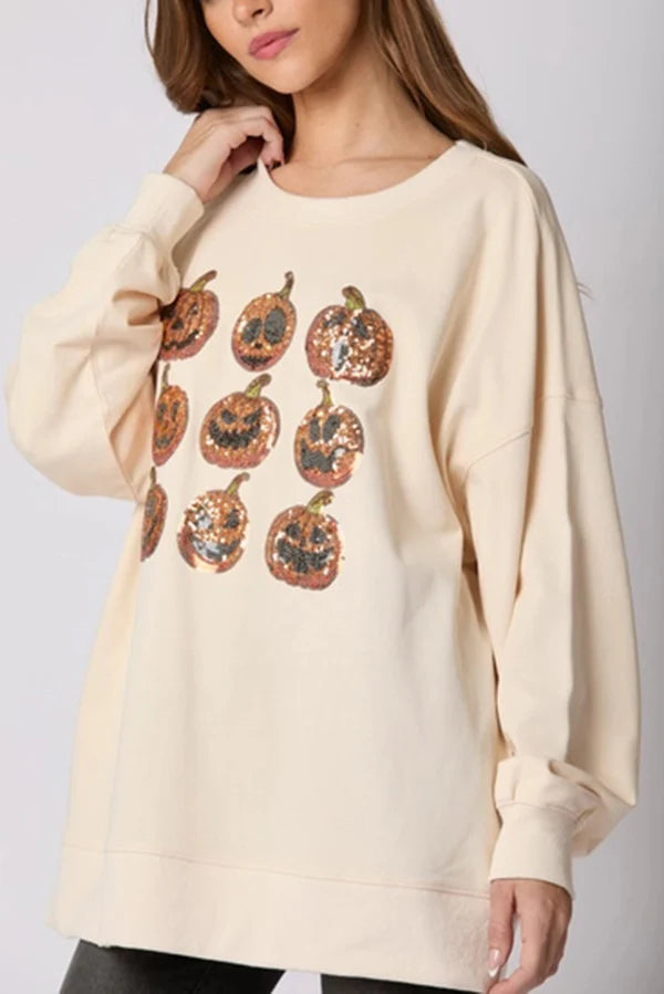 Halloween Pumpkin Sequin Loose Sweatshirt