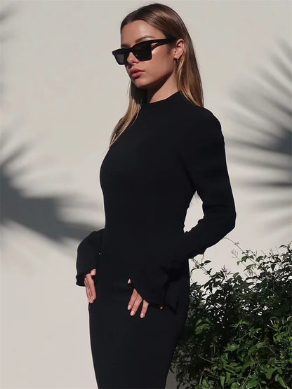 Female Maxi Dress High Waist Pocket Patchwork Skinny Commute Autumn Dress ’s Long Dress