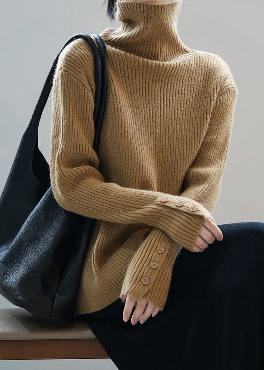 Boutique Camel Hign Neck Button Thick Knit Sweaters Fall Af1067