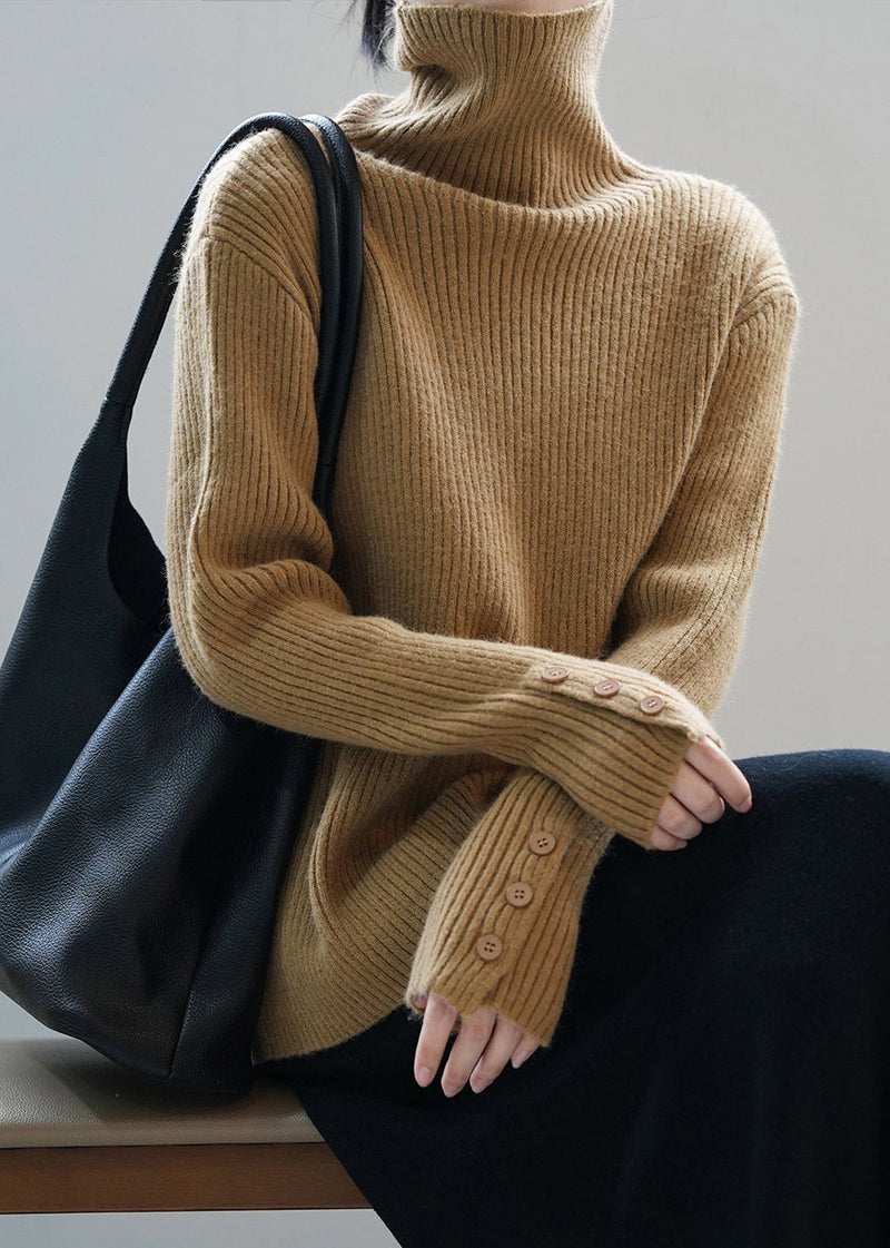 Boutique Camel Hign Neck Button Thick Knit Sweaters Fall Af1067
