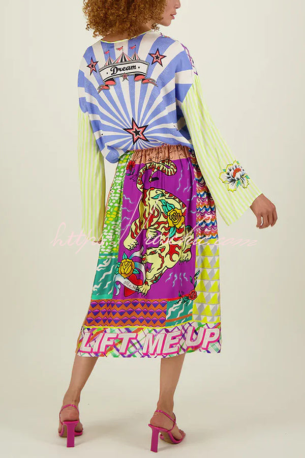 Satin Colorful Unique Print Elastic Waist Pocket Vacation Midi Skirt