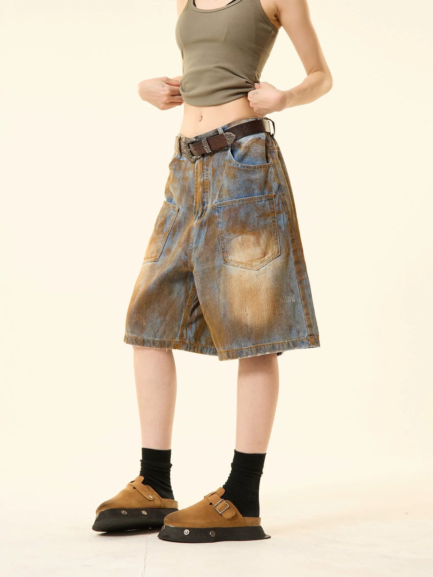 Distressed Denim Oversized Pocket Shorts