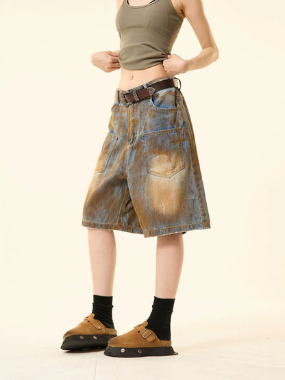 Distressed Denim Oversized Pocket Shorts