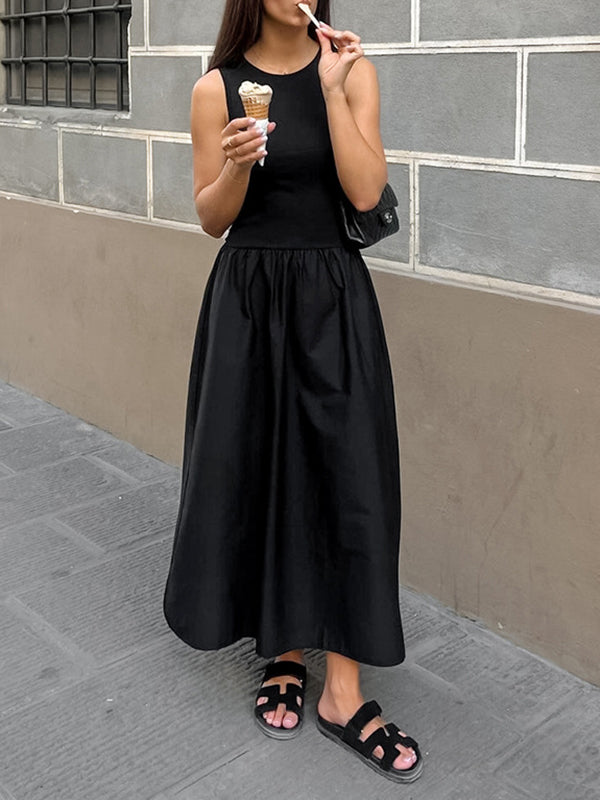 A-line Sleeveless Color Split-joint Round-neck Maxi Dresses