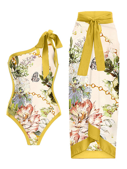 One Shoulder Print One Piece Swimsuit and Skirt