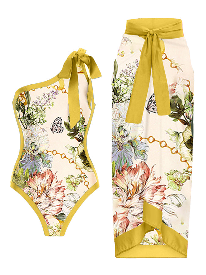 One Shoulder Print One Piece Swimsuit and Skirt