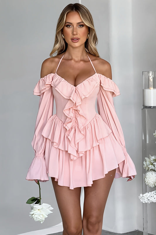 Halter Neck Lace Up Ruffle Hem Romper