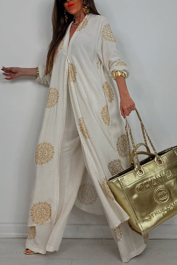 Unique Printed V-neck Long Sleeve Long Shirt and Elastic Waist Pocket Wide Leg Pants Set