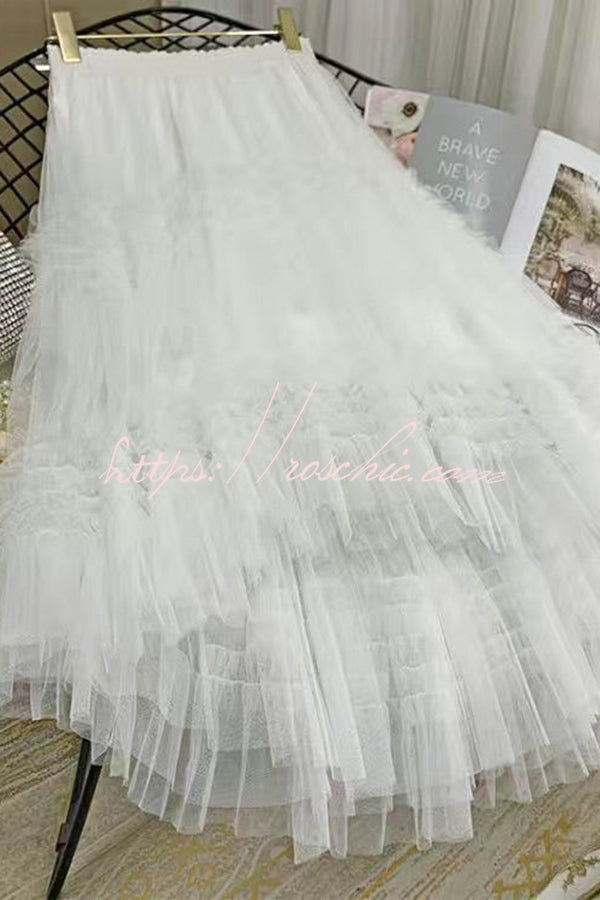 Mood Tulle Pleated Ruffle Elastic Waist Tiered Midi Skirt