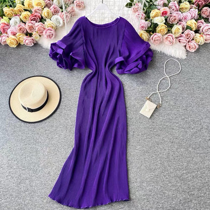 Round Neck Purple Ruffled Sleeve Maxi Dress