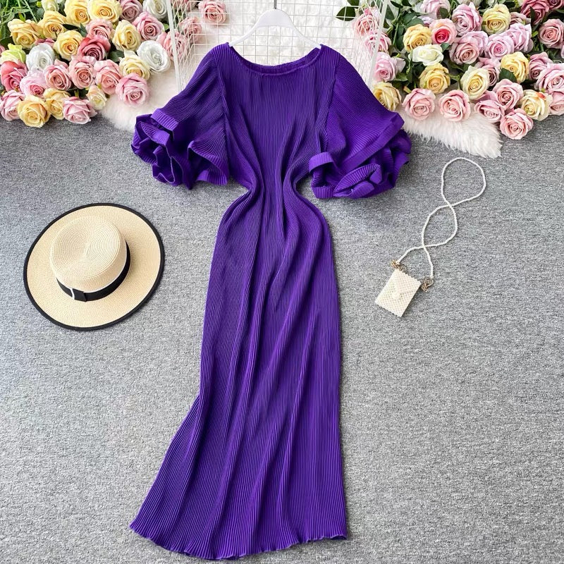 Round Neck Purple Ruffled Sleeve Maxi Dress