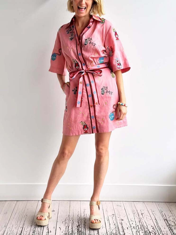 Printed Shirt Collar Single-breasted Mini Dress