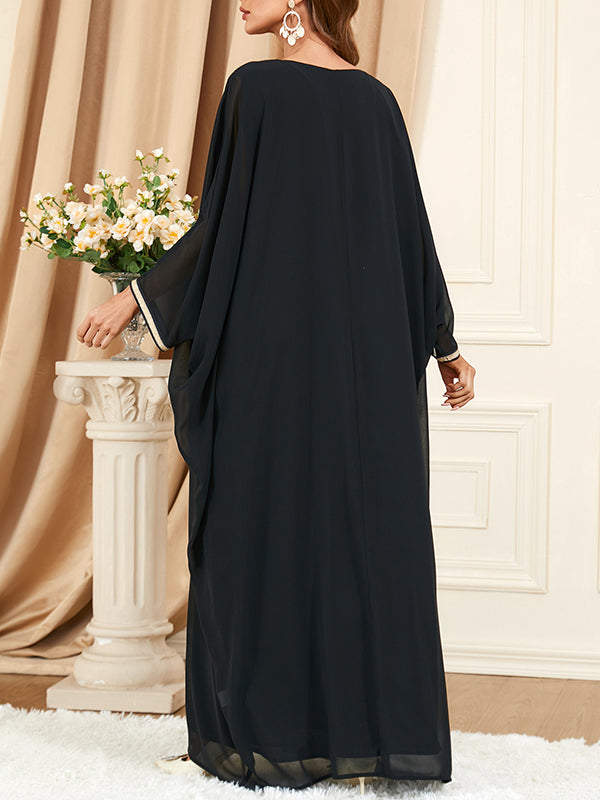 Batwing Sleeves Long Sleeves Embroidered Gauze Tasseled Round-neck Maxi Dresses
