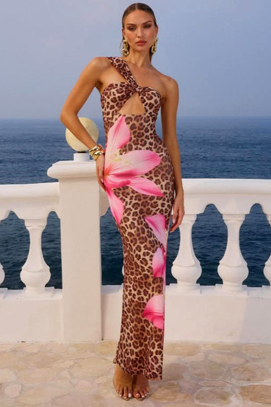 Leopard Print Cutout Bodycon Maxi Dress