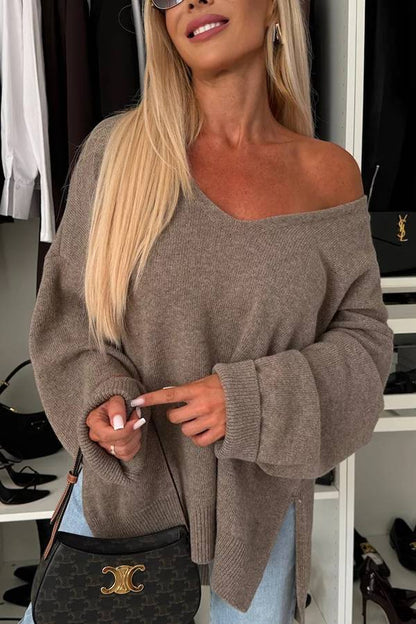 Cold Weather Knit Color Long Sleeve V-neck Irregular Relaxed Sweater