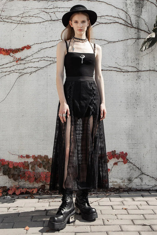 Daily a Shape Mid-length Grid Mesh Forks Pantskirt Gothic Elastic Waist Long Skirt