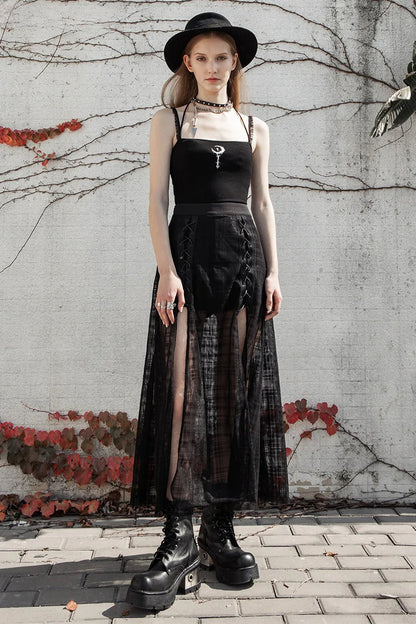 Daily a Shape Mid-length Grid Mesh Forks Pantskirt Gothic Elastic Waist Long Skirt