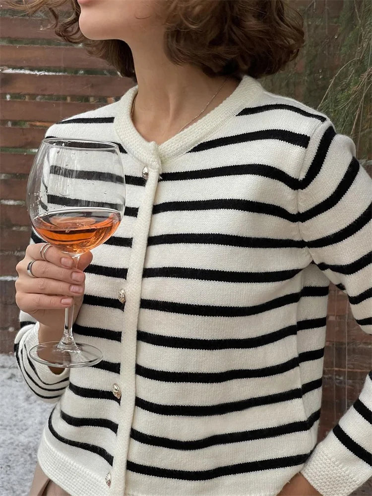 Striped Knit Sweater Cardigan Coat Female Loose Long Sleeve Slim Patchwork Contrast Outwear Summer Knitwear Coat