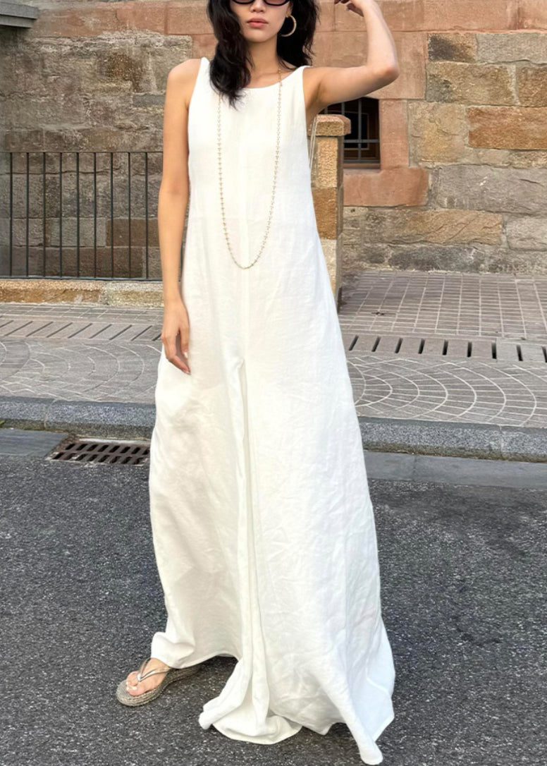 Simple Style White O Neck Cotton Long Dress Sleeveless Ee051