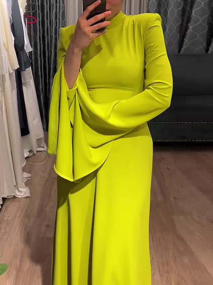 Ruffle Sleeves Skinny Belted Color Round-neck Maxi Dresses