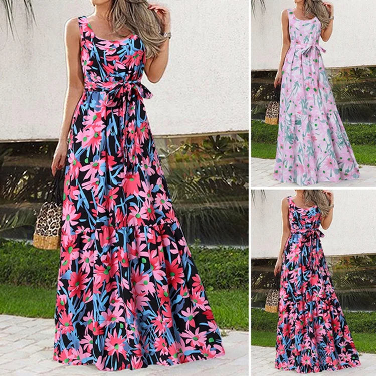 Summer Flower Print Sleeveless Long Dresses Vacation Style Dress O Neck High Waist Leace-up Maxi Vestidos
