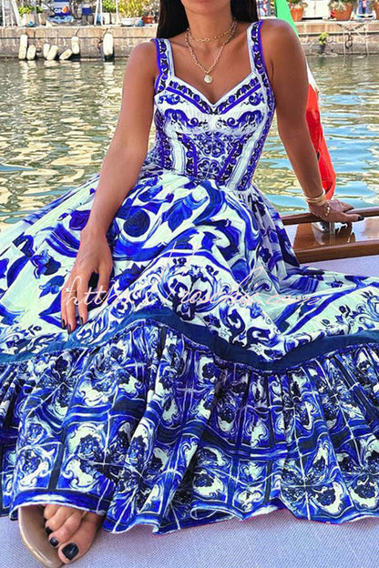 Print Suspender Patchwork Maxi Dress