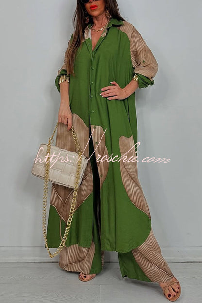 Unique Printed Loose Long Shirt and Elastic Waist Pocket Wide Leg Pants Set