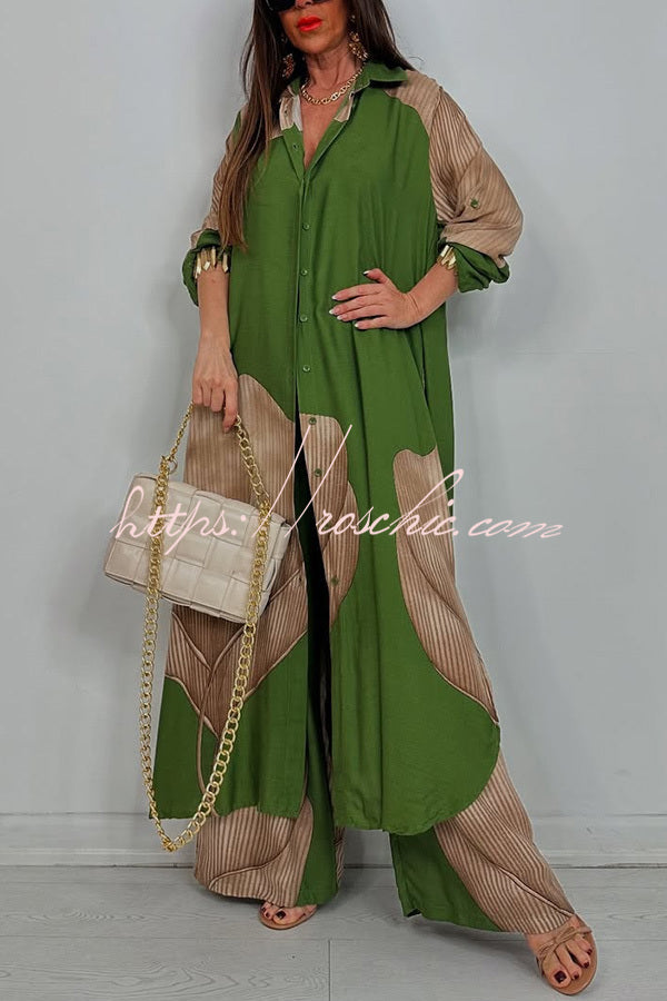 Unique Printed Loose Long Shirt and Elastic Waist Pocket Wide Leg Pants Set