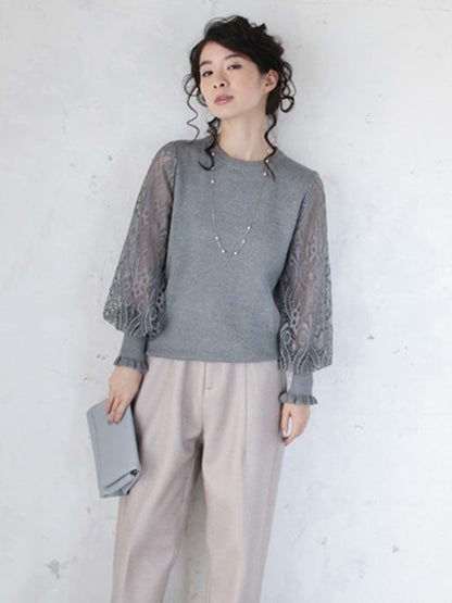 Tempermant Black Round-neck Patchwork Hollow Lace Long Puff Sleeves Sweater Qx011