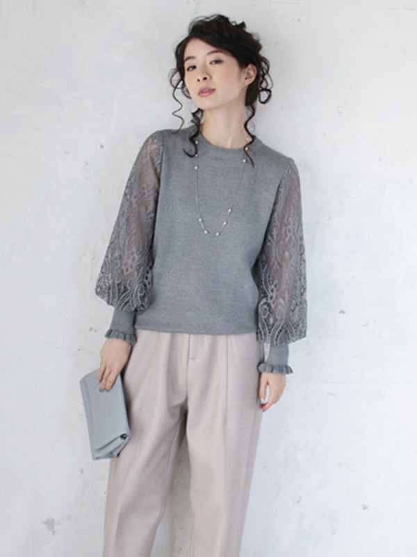 Tempermant Black Round-neck Patchwork Hollow Lace Long Puff Sleeves Sweater Qx011