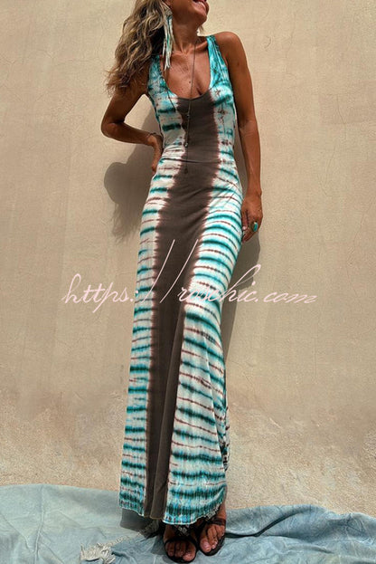 Nil Tie-dye Print Back Lace-up Stretch Maxi Dress