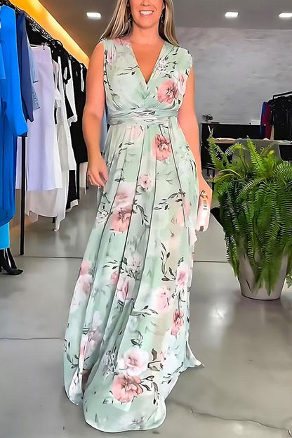 Print V-neck Lace-up Maxi Dress