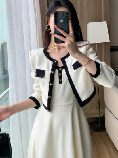 2-piece Dress Set for Lady Cropped Coat A-line Midi Camisole Dresses Slim Korean Female Suit Spring Autumn New