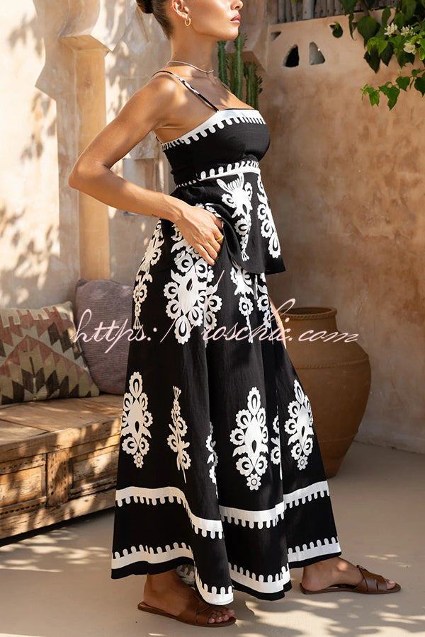 Unique Print Suspender Pleated Top and Elastic Waist Loose Wide-leg Pants Set