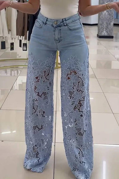 Hollow Lace Stitching Pocket Denim Wide-leg Pants
