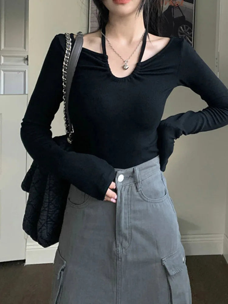 Autumn Korean Y2k T-shirt Woman Japanese�halter Bandage V-neck Skinny Long Sleeve Autum Tee Shirt Tshirt Tops