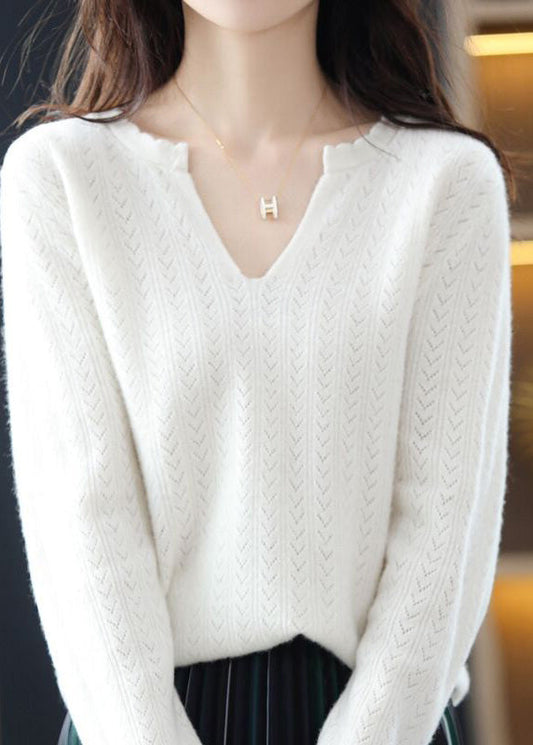 Simple White V Neck Ruffled Cotton Knit Sweaters Fall Qp019