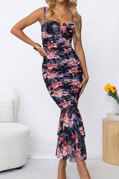 Styled to Perfection Ruched Mesh Overlay Ruffle Hem Maxi Dress