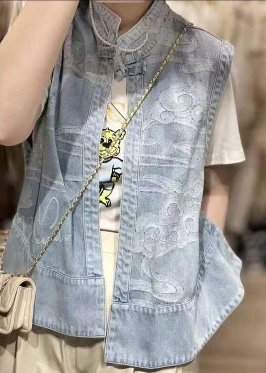 Chinese Style Blue Stand Collar Print Patchwork Low High Design Denim Waistcoat Summer Nn035