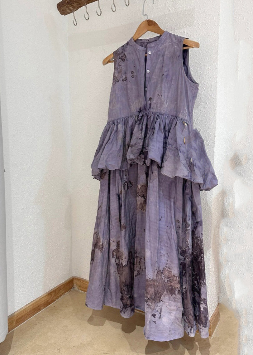 Purple O-neck Ruffled Patchwork Wrinkled Maxi Dresses Summer Tt1028