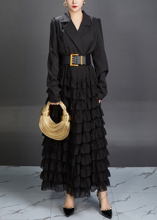 New Black Notched Ruffled Spandex Long Dresses Fall Aj1019