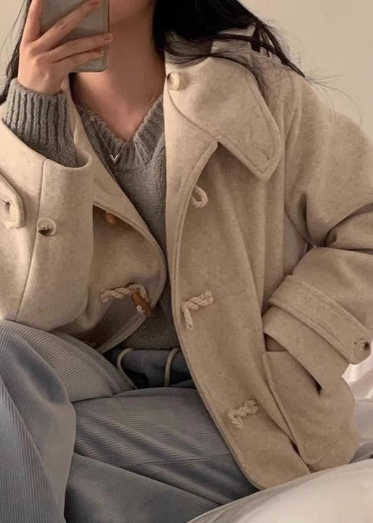 Horn Button Woolen Hooded Coat With Large Pockets