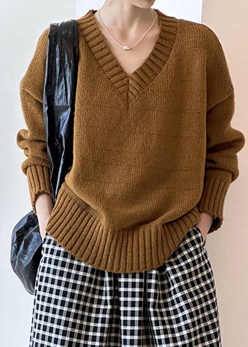 New Brown Hollow Out Cozy Cotton Knit Sweaters Long Sleeve Af1098