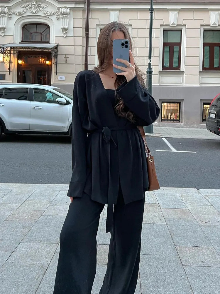 Autumn Knit 3 Piece-set for Outfits Lace-up Vest Outwear Wide Leg Trousers Outfits Pleated Sets
