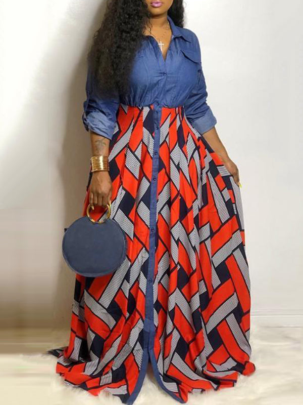 Long Sleeves Loose Buttoned Elasticity Printed Split-joint Lapel Maxi Dresses