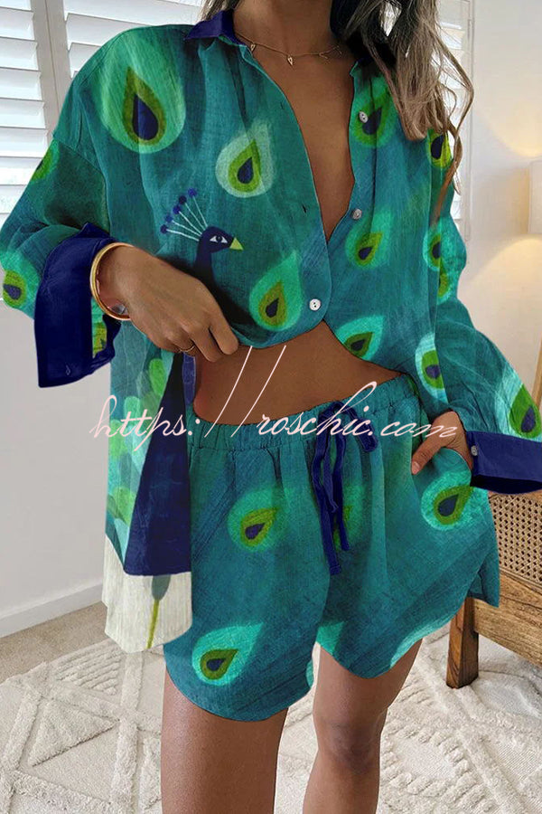 Smart Peacock Print Buttoned Lace Up Shorts Set