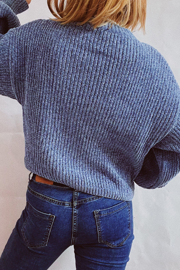 Color Round Neck Lantern Sleeve Short Knitted Sweater