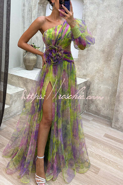 Picturesque Beauty Tulle Pleated One Shoulder Sleeve Slit Maxi Dress