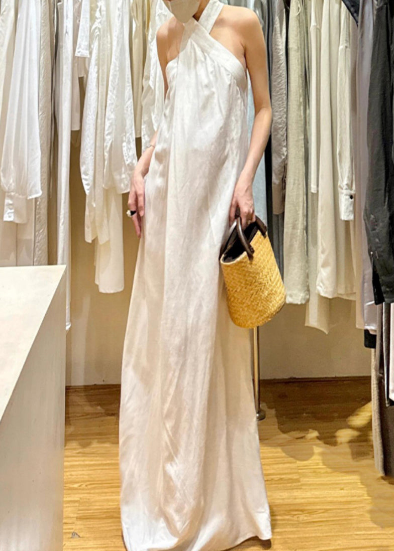 New White Cold Shoulder Cotton Maxi Dresses Sleeveless Ee011
