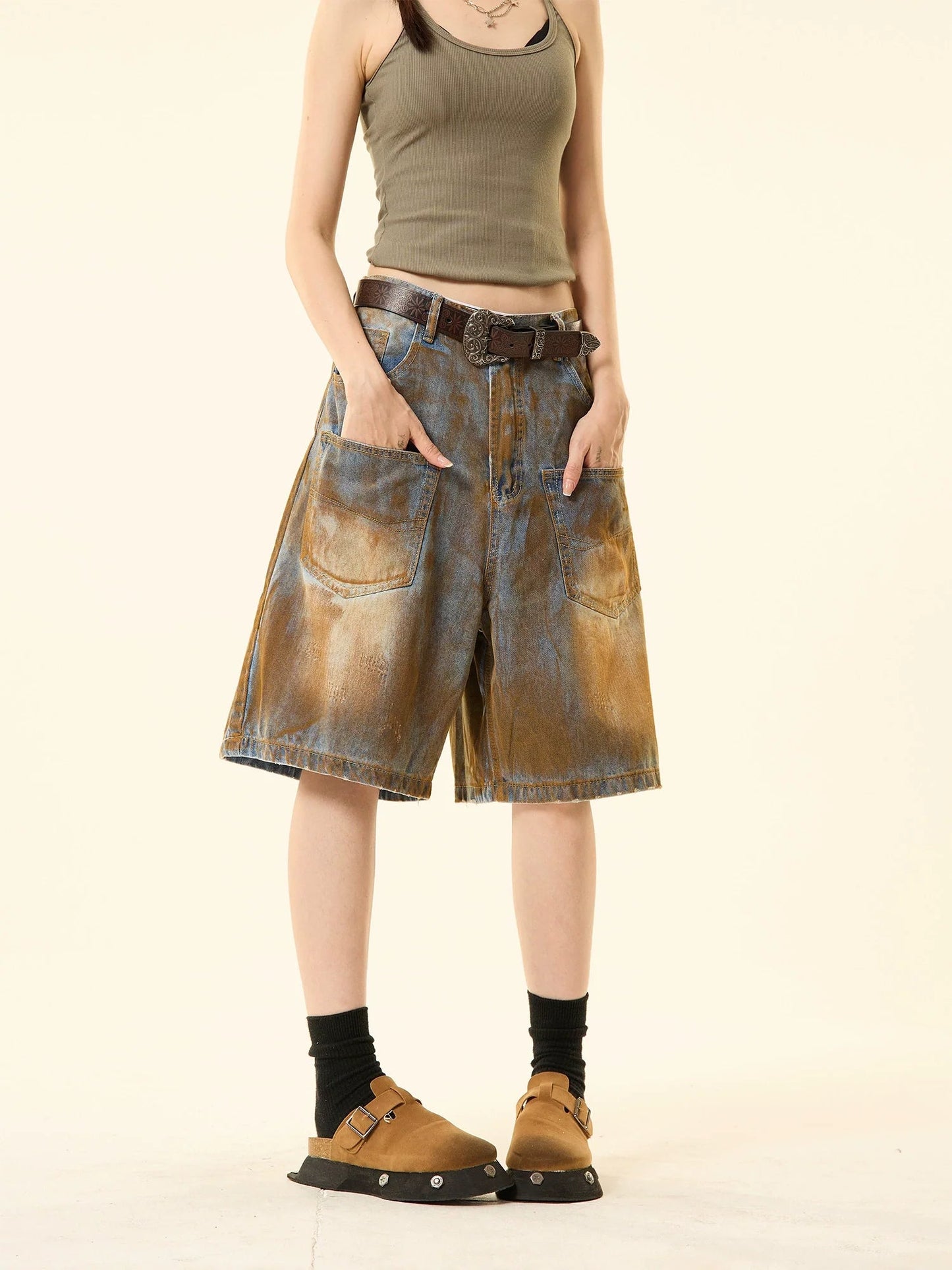 Distressed Denim Oversized Pocket Shorts
